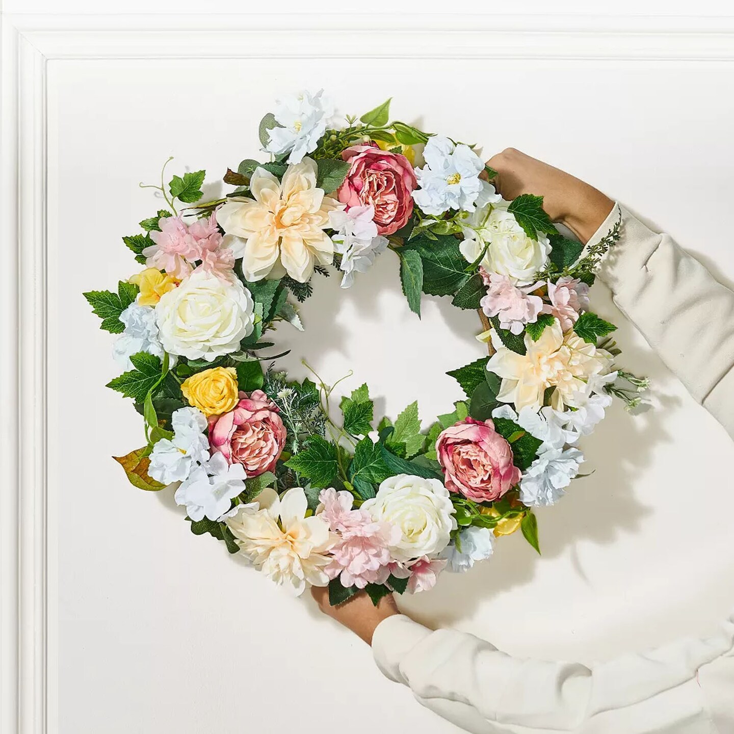 24" Floral Wreath with Peonies and Hydrangeas Year-Round Pink White & Yellow Decor