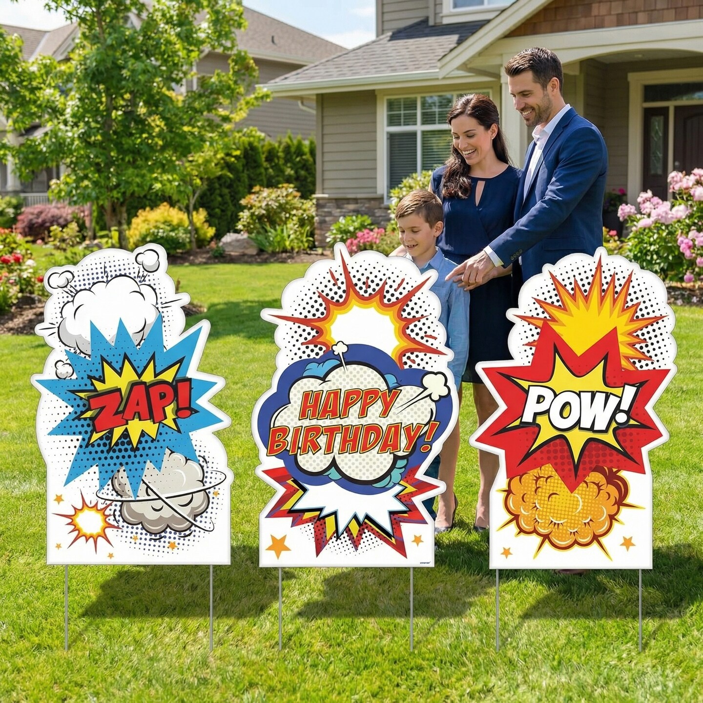 Superhero Birthday Party Yard Signs with Stakes, 24.8" x 15.8", Assorted Designs, Pack of 3