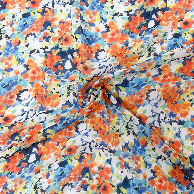 Orange-Multi Poly Floral Print Crinkle Yoryu Chiffon Woven Fabric By the Yard