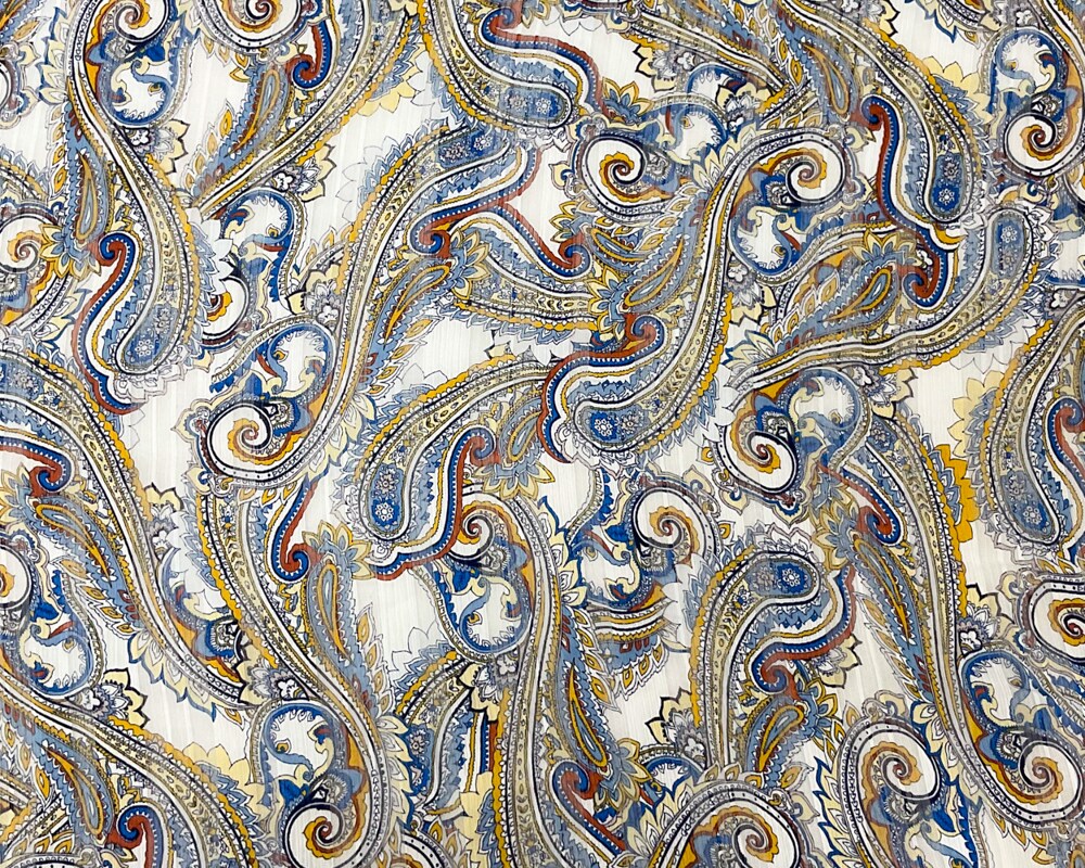 Blue-Multi Poly Paisley Printed Satin Stripe Chiffon Woven Fabric By the Yard
