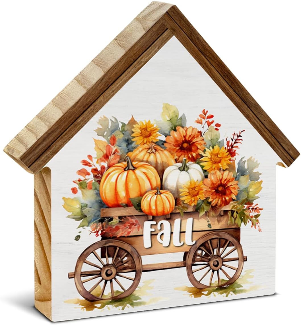 Fall Sign Decor – Pumpkin Harvest Wood Block, Farmhouse Autumn Home Decorations for Desk, Table, or Shelf