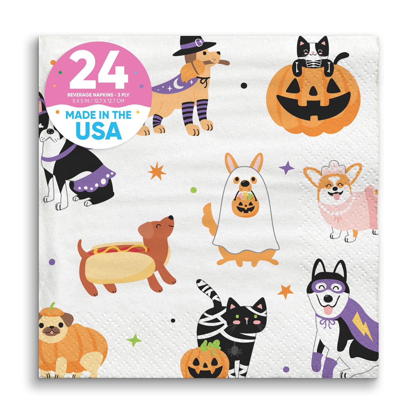 Big Dot of Happiness Halloween Pets Party Napkins, Cat and Dog Costume Party Halloween Decor, White 3-Ply Paper Beverage Napkins - 24 Count