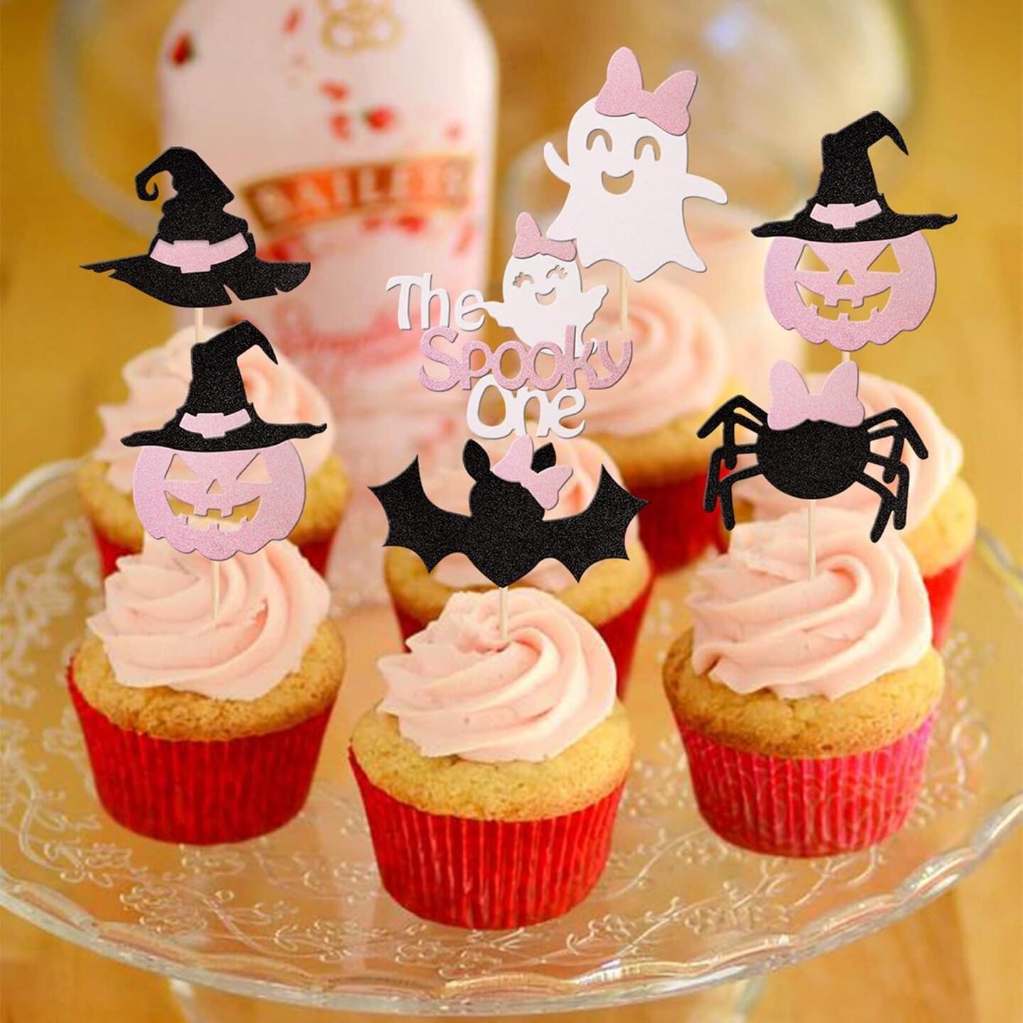 24-Pack “Spooky One” Halloween Cupcake Toppers – Pink & Black Glitter Bats, Pumpkins, Spiders & Witch Hats for Baby Showers, Girls’ 1st Birthdays & Halloween Party Decorations