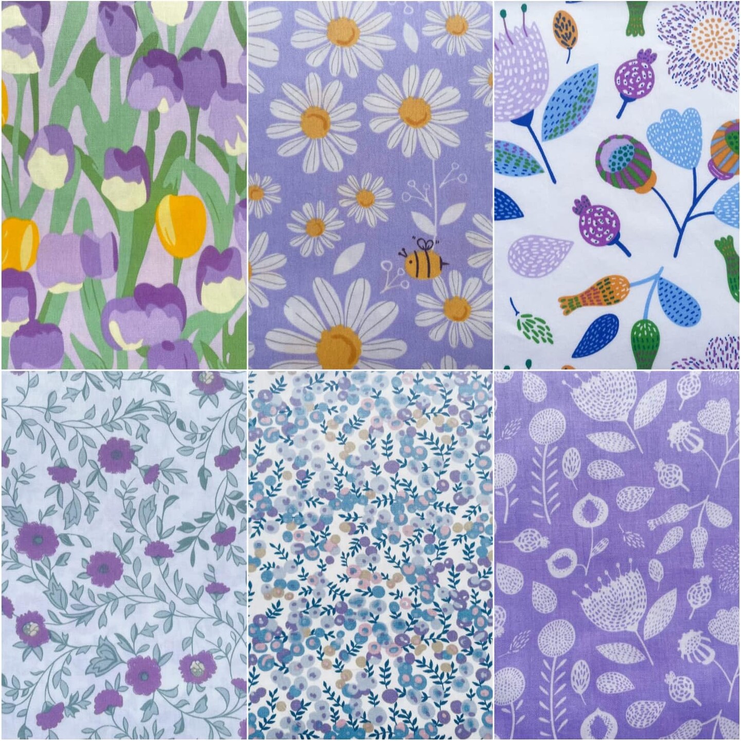 6PCS Light Purple Floral Fat Quarters Fabric Bundle – Lavender Bees & Daisy Cotton Quilting Fabric for Sewing, Patchwork & DIY Craft Projects (18" × 22")