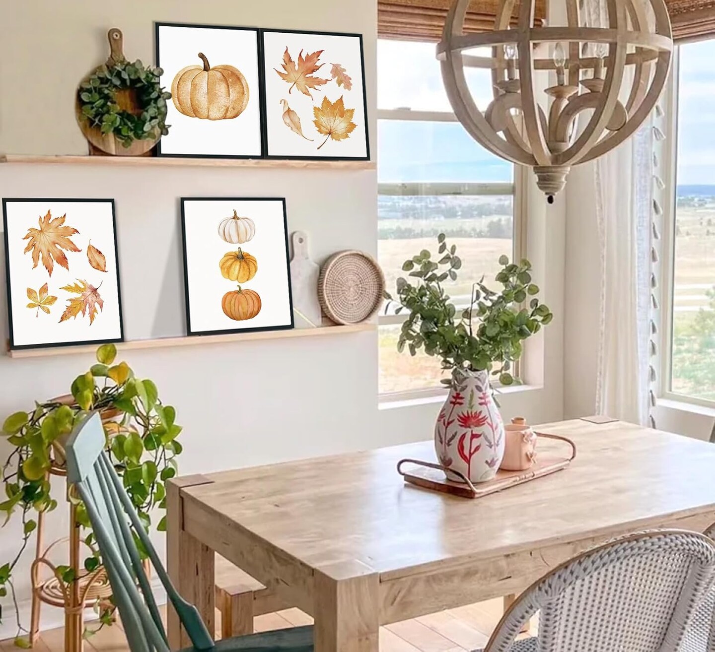 Fall Pumpkin Maple Leaf Wall Art Prints Set of 4 - Simple Vintage Pumpkin