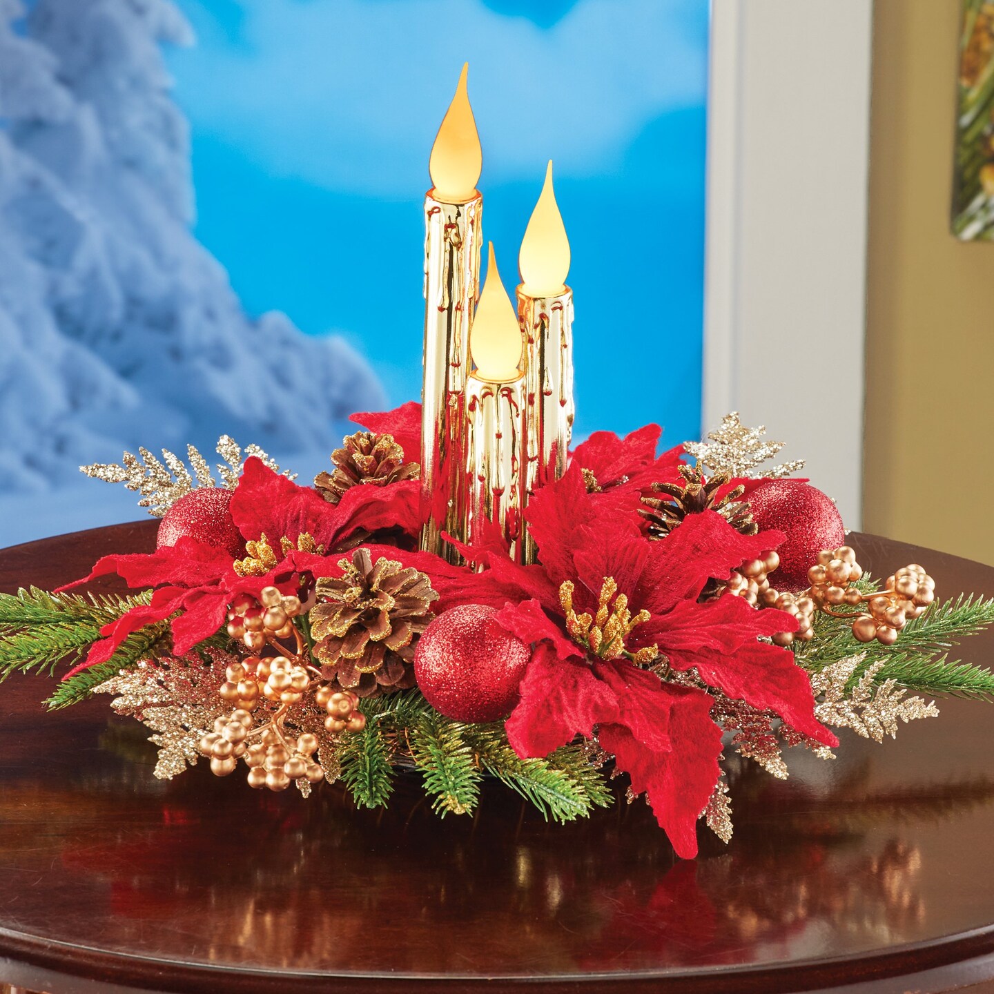 Collections Etc LED Lighted Holiday Candle Arrangement Centerpiece