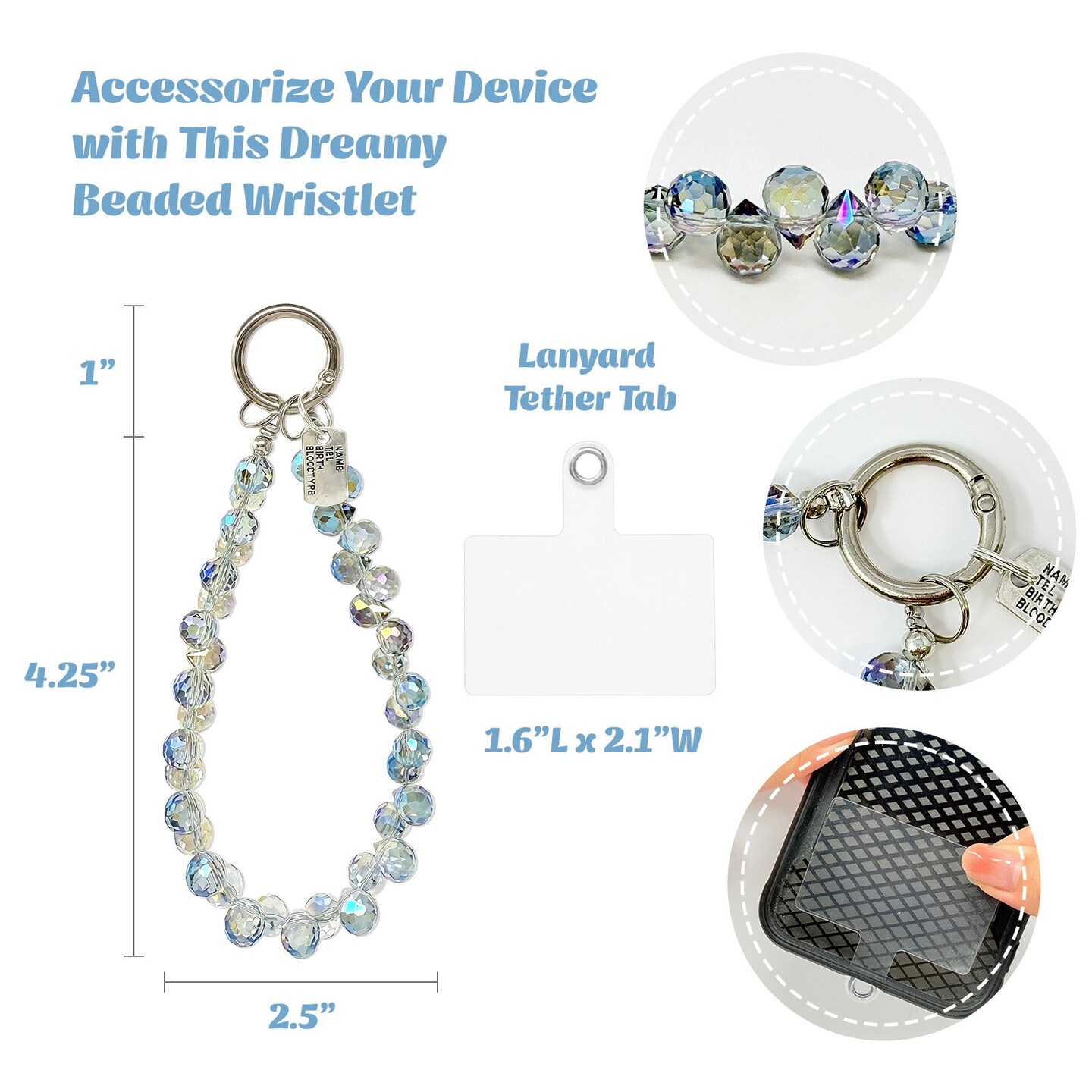 Wrapables Sparkling Beaded Cell Phone Wrist Strap, Keychain, Bag Charm with Lanyard Tether Tab, Blue Crystal