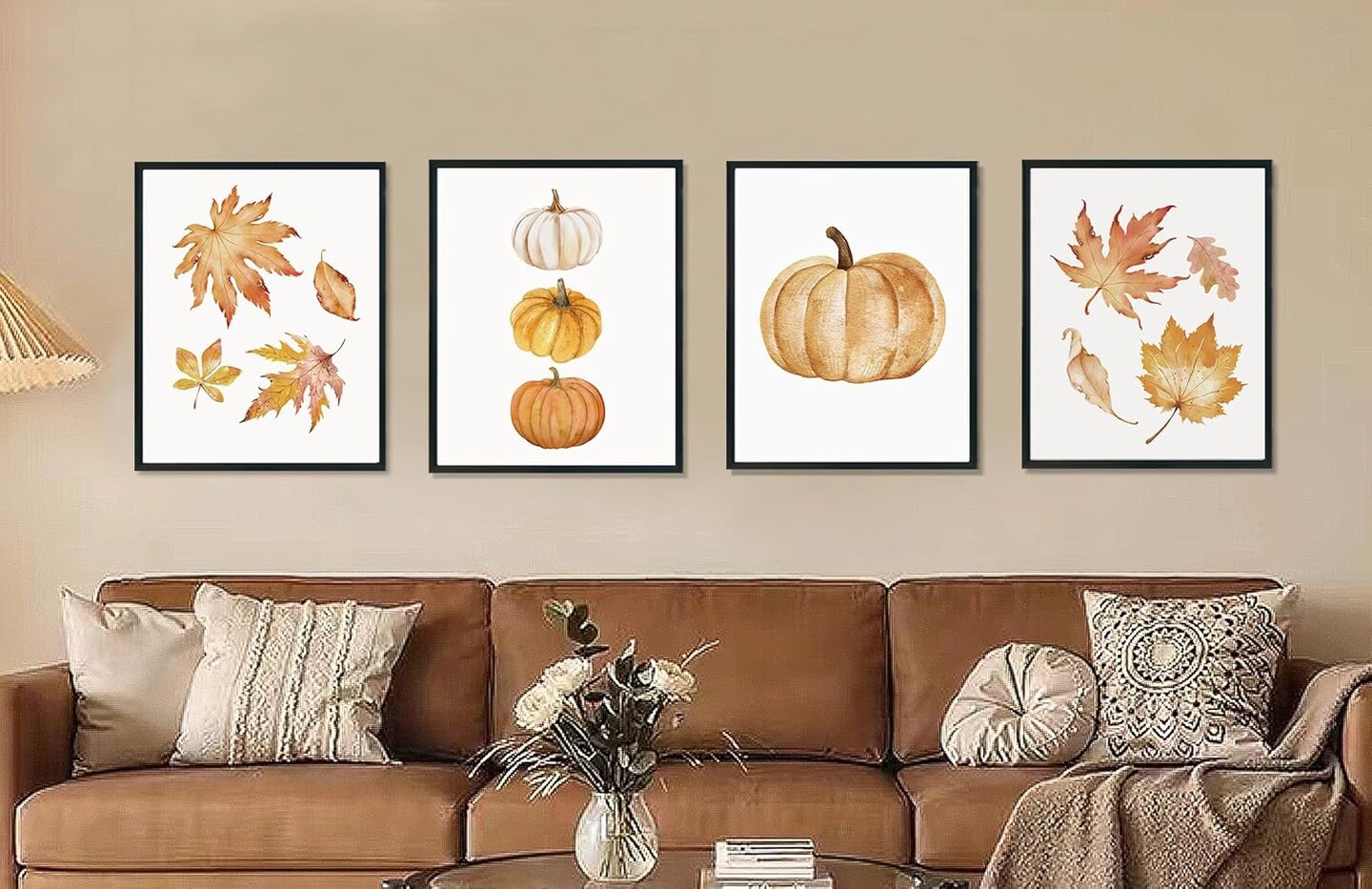Fall Pumpkin Maple Leaf Wall Art Prints Set of 4 - Simple Vintage Pumpkin