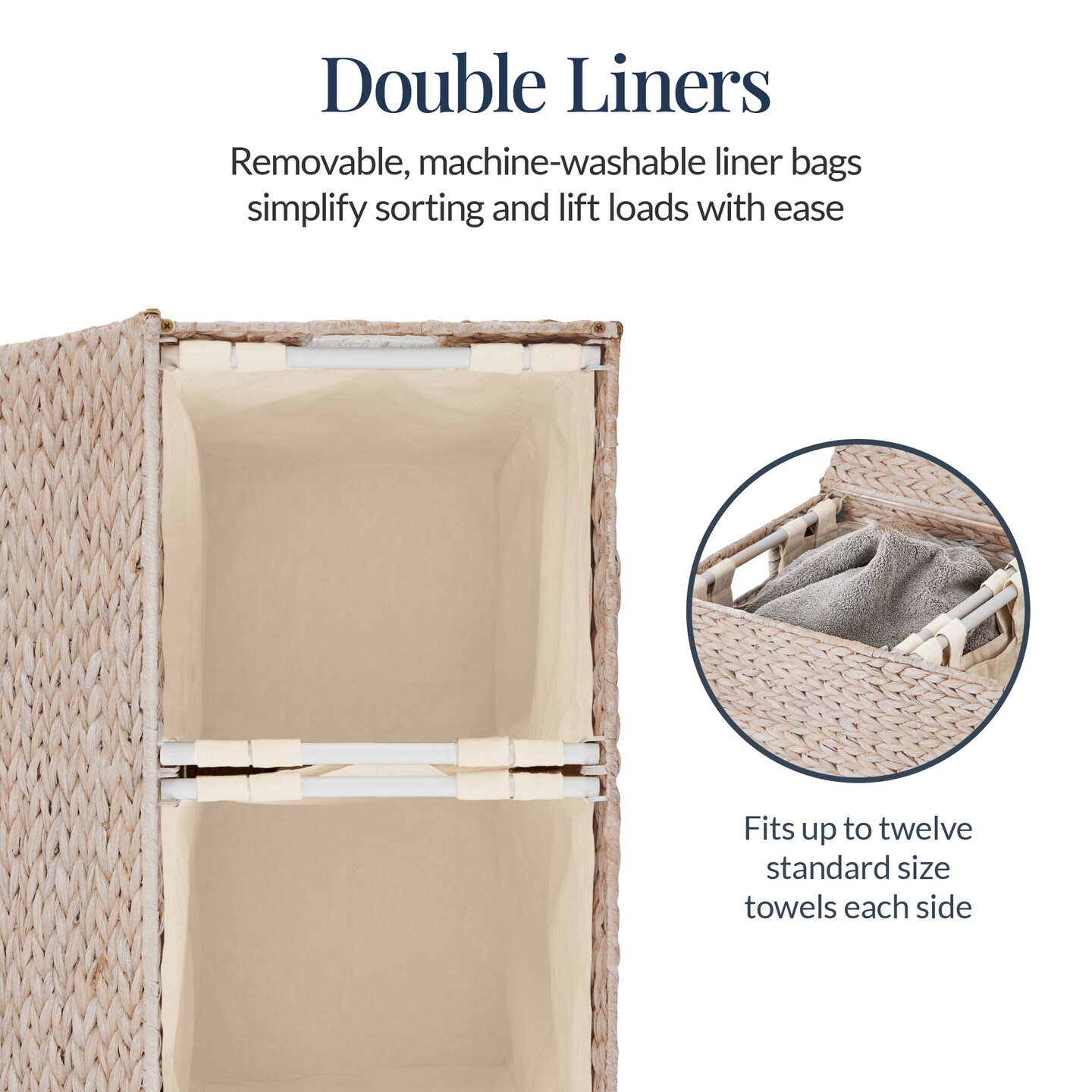 Best Choice Products Large Natural Water Hyacinth Double Laundry Hamper Basket w/ 2 Liner Bags, Handles