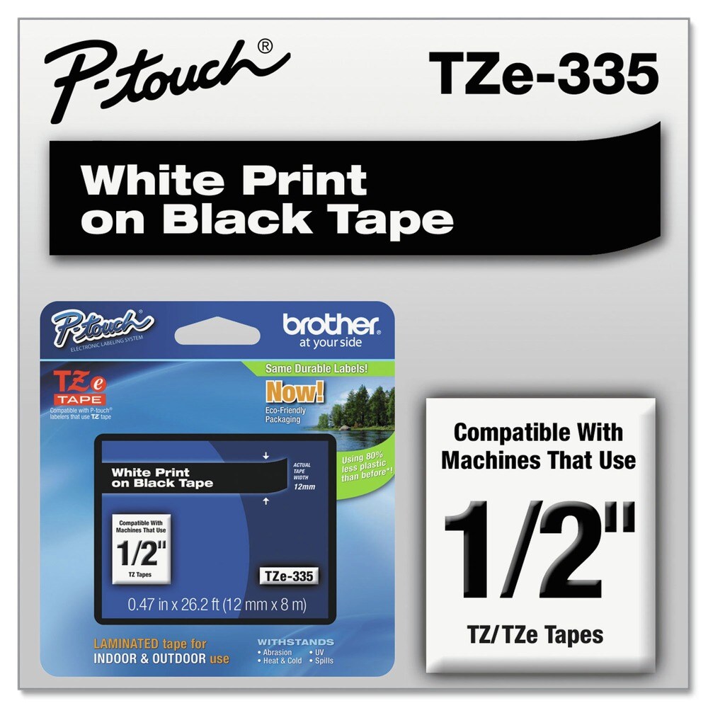Brother P-Touch 0.47 in. x 26.2 ft. TZe Standard Adhesive Laminated Labeling Tape - White on Black