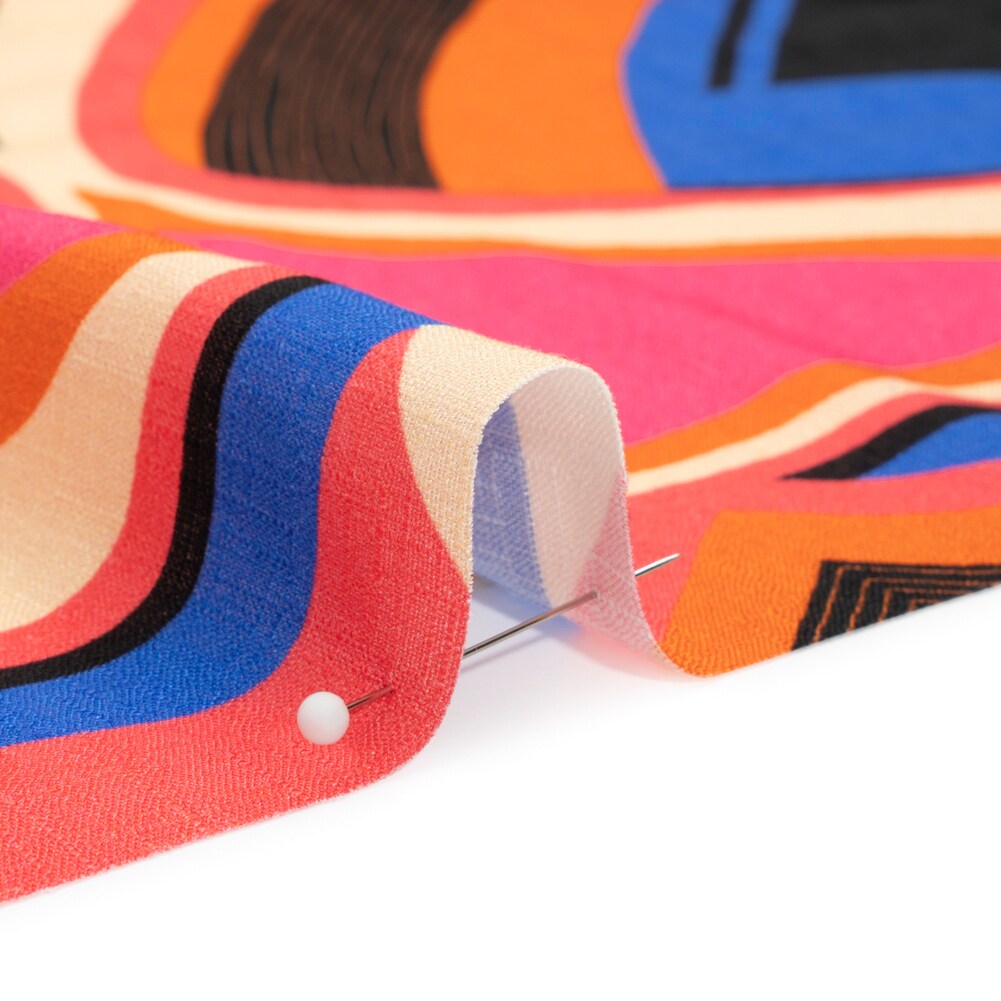 1 Yard Take it Easy Slubbed Viscose Woven Orange, Blue, and Pink Abstract Spades