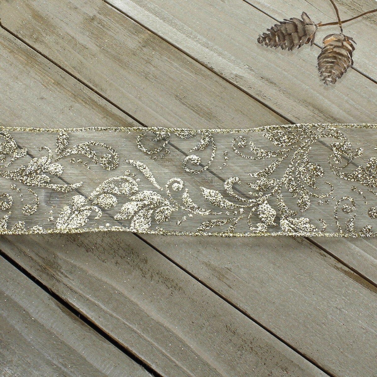 2 1/2&#x22; Wired Ribbon Glitter Swirl Leaves Ivory/Gold Sheer - 10 Yards