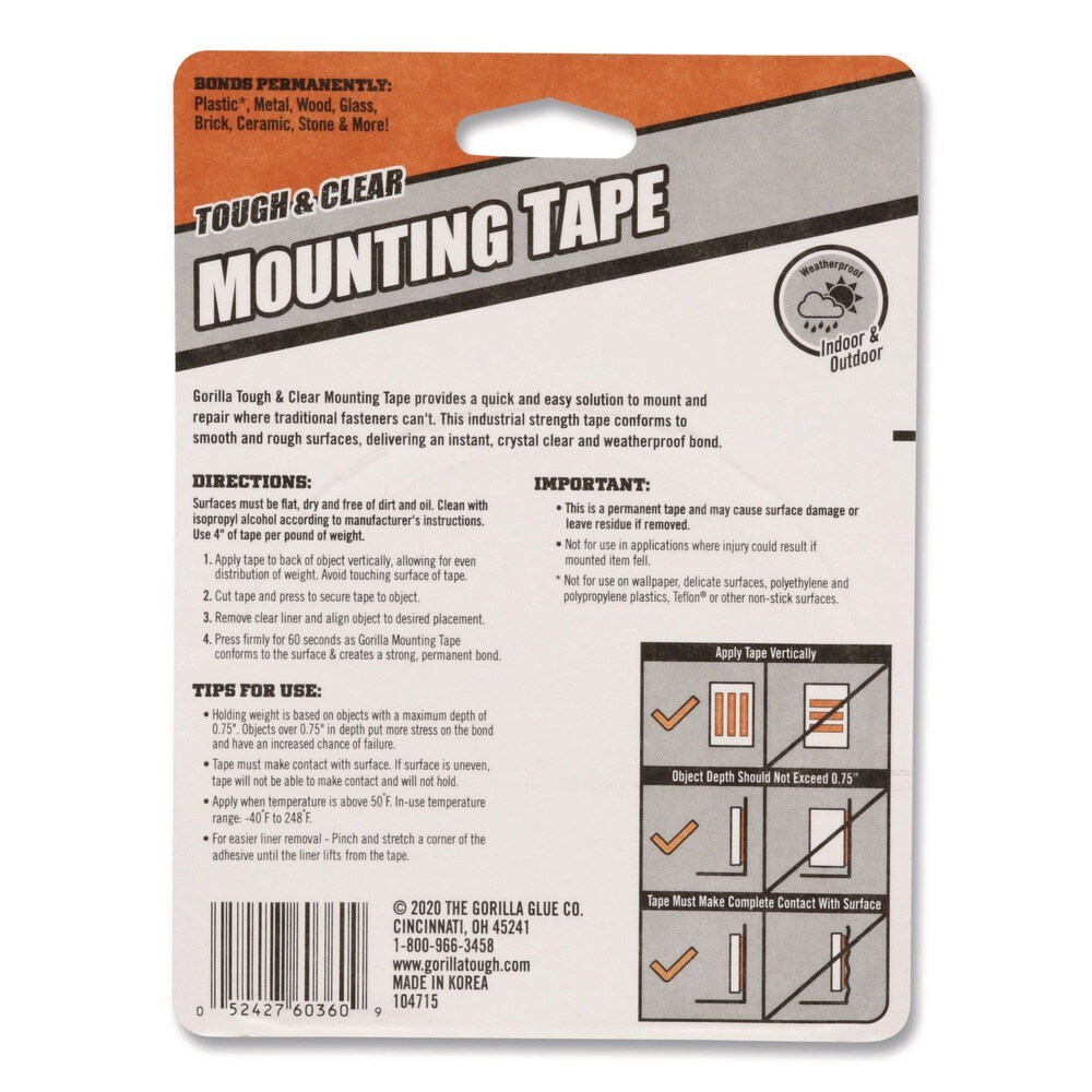 Gorilla Glue Holds Up to 0.25 lbs. per Inch 1 in. x 12.5 ft. Permanent Tough and Clear Double-Sided Mounting Tape - Clear (1-Roll)