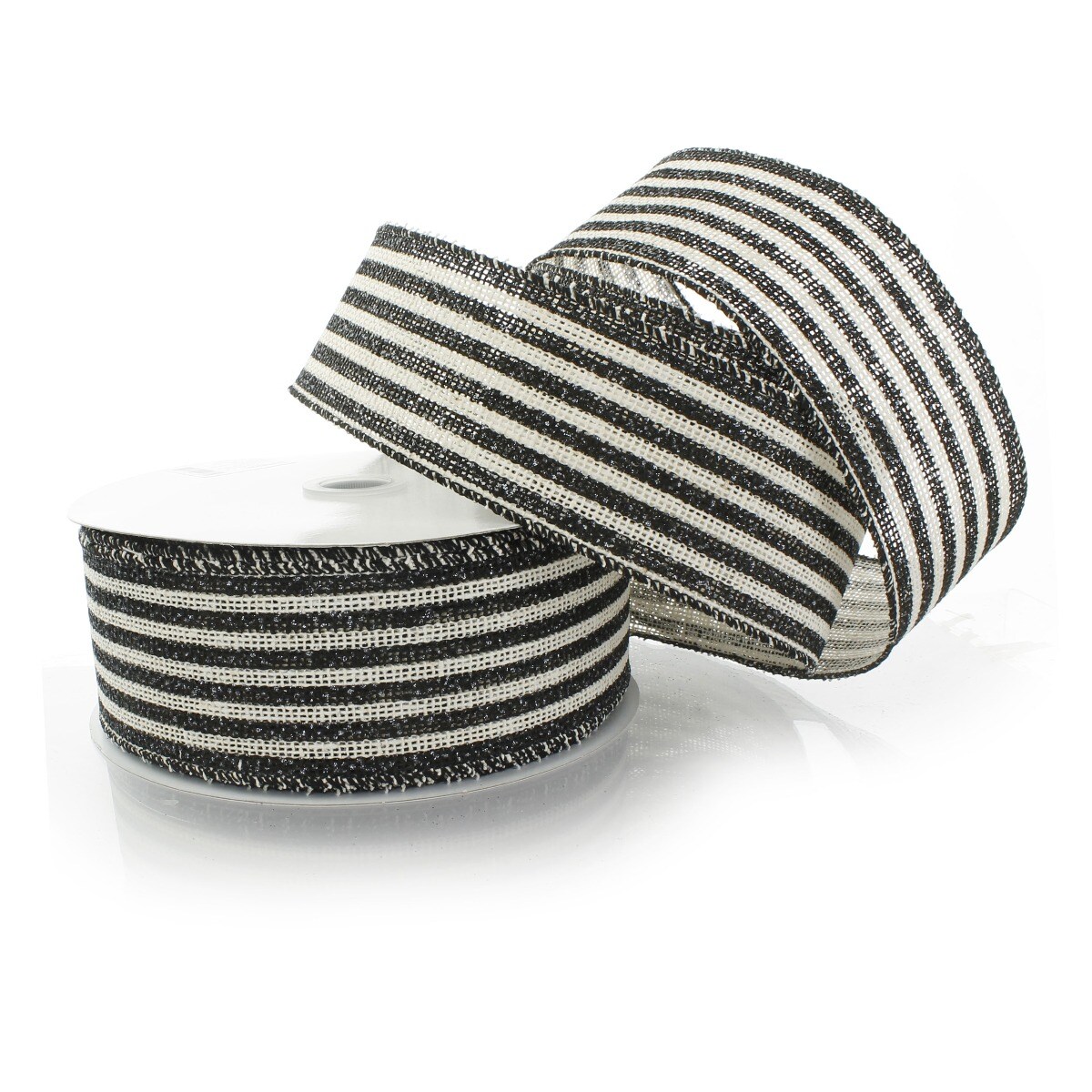 2 1/2&#x22; Wired Ribbon Black/Off-White Narrow Farmhouse Stripes Burlap - 10 Yards