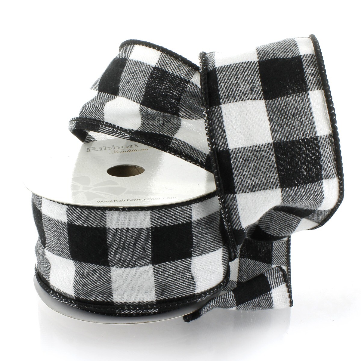 2.5&#x22; Wired White/Black Flannel Buffalo Plaid Ribbon - 10 Yards