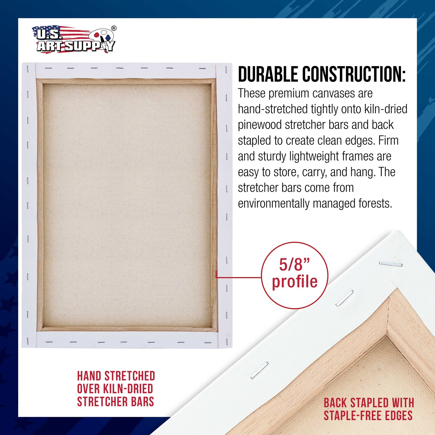 16 x 20 inch Stretched Canvas Super Value 5-Pack - Triple Primed Professional Artist Quality White Blank 5/8&#x22; Profile, 100% Cotton, Heavy-Weight Gesso