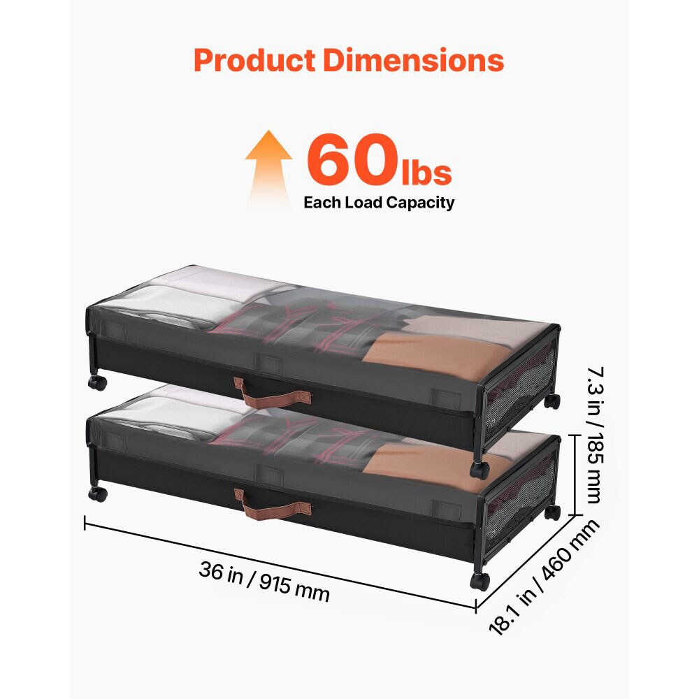 2-Pack Under Bed Shoe Clothing Organizer with Lockable Casters Handles and Clear Top Panel