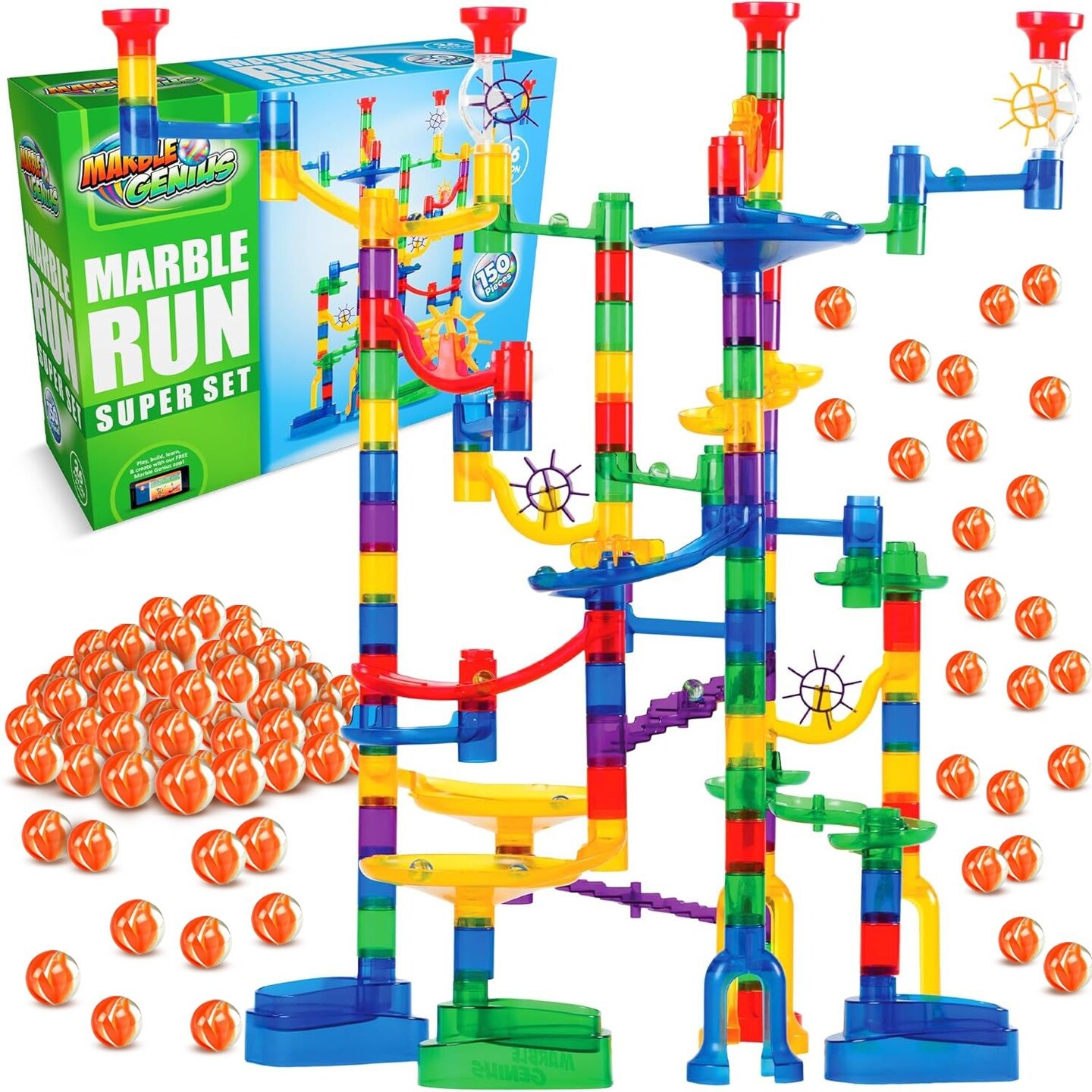 Marble Genius Marble Run Super Set - 150 Complete Pieces (85 Translucent Marbulous Pcs + 65 Glass Marbles Set), Marble Run for Kids 3-14 &#x26; Toddlers, Toy Marbles Maze Track Racing Game