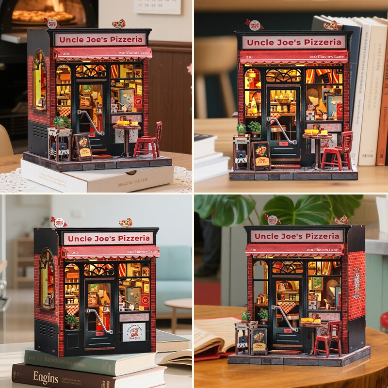 Uncle Joe&#x27;s Pizzeria Dollhouse Kit - Miniature Wizardi Roombox Kit with LED Light F07M51-92-CWGC210