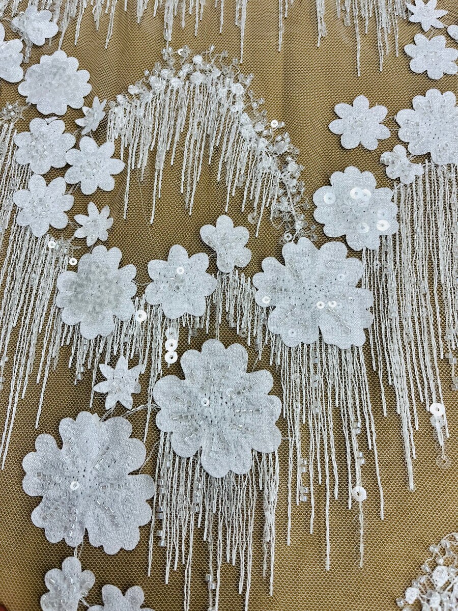 1 Yard Off White Beaded 3D Floral Lace Fabric Embroidered on Polyester Net Mesh 52 Inch Width