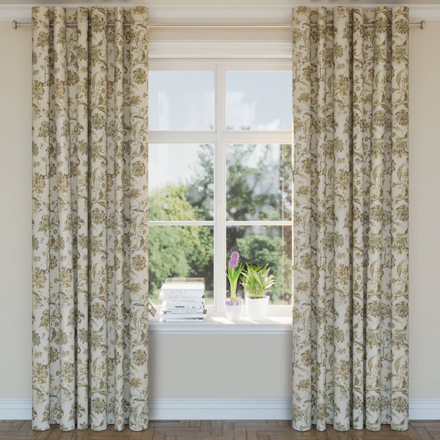 Prairie Cecile - Beige & Taupe,Green Floral Upholstery Fabric 54 Inches"