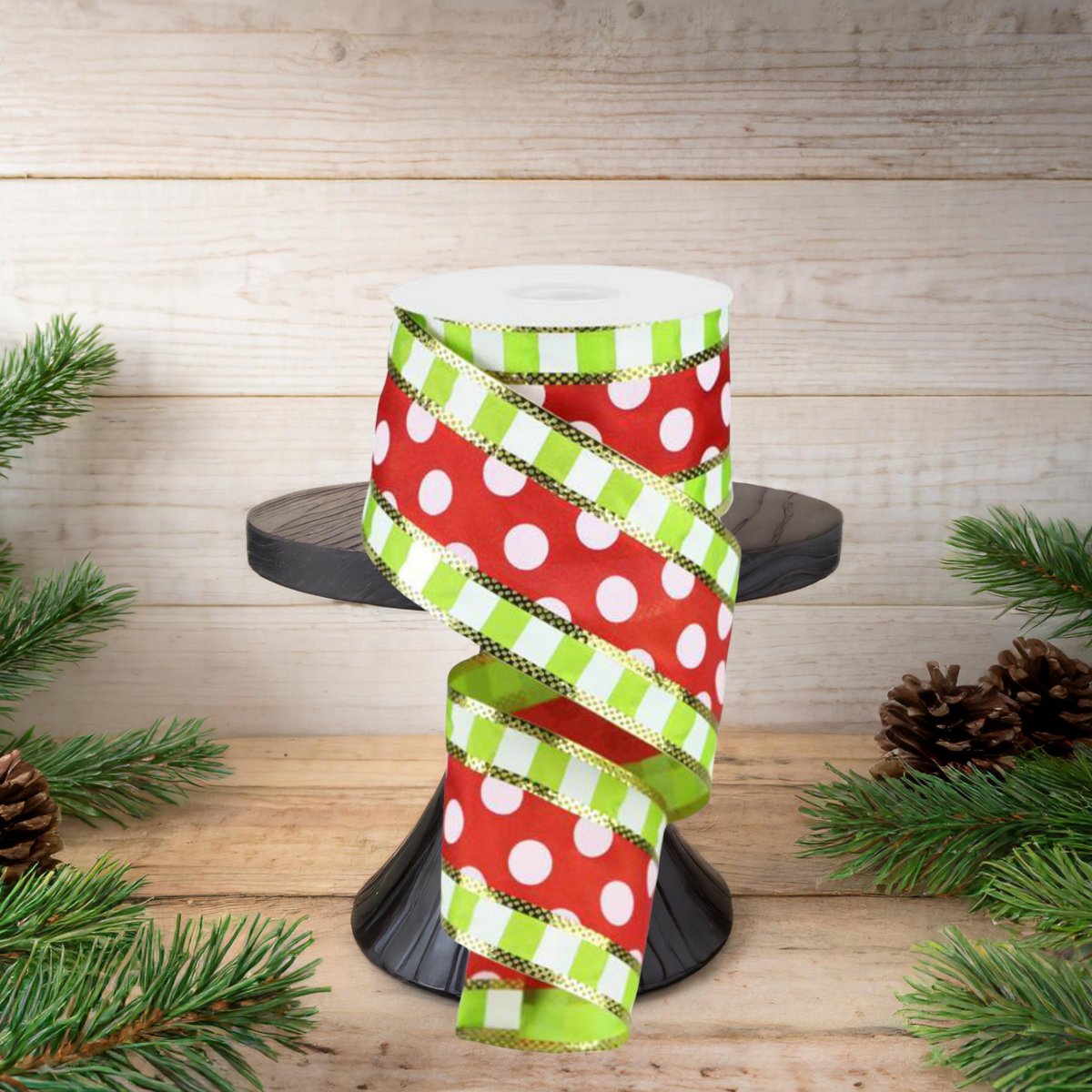2.5&#x22; Striped Edge Polka Dot Ribbon: Red, Lime &#x26; White (10 Yards)