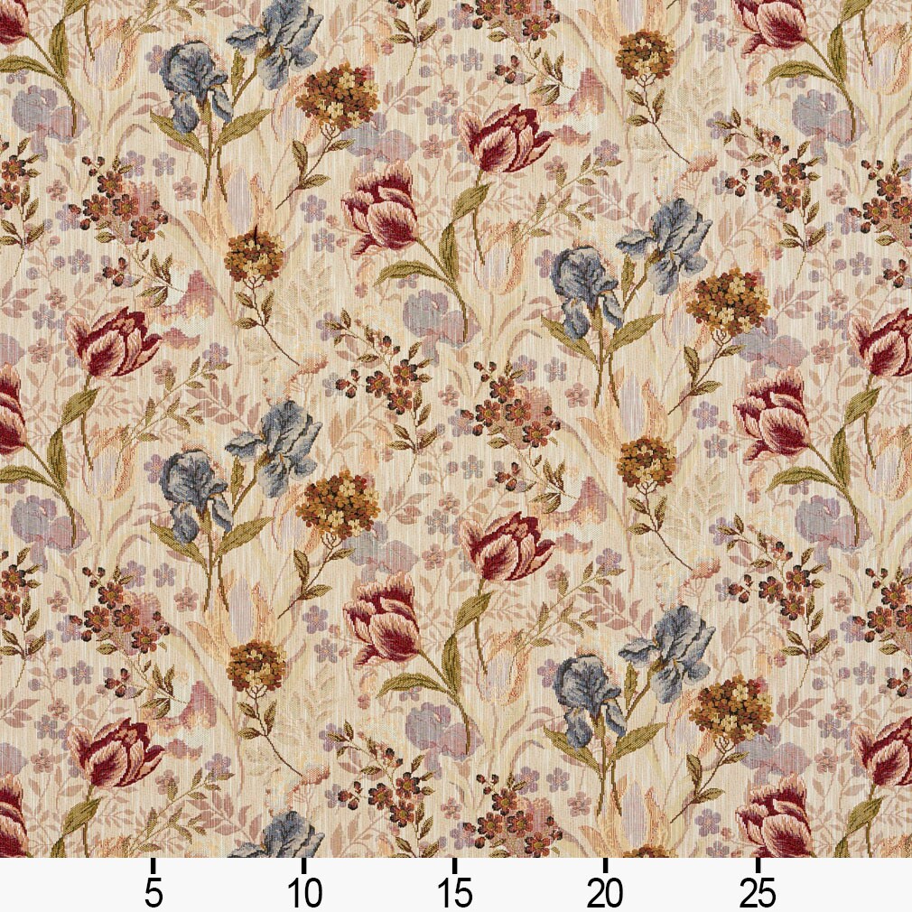 BOUQUET - Beige/Tan/Taupe, Brown, Coral/Orange/Persimmon, Blue, Gold/Yellow Floral Upholstery Fabric 54 Inches"