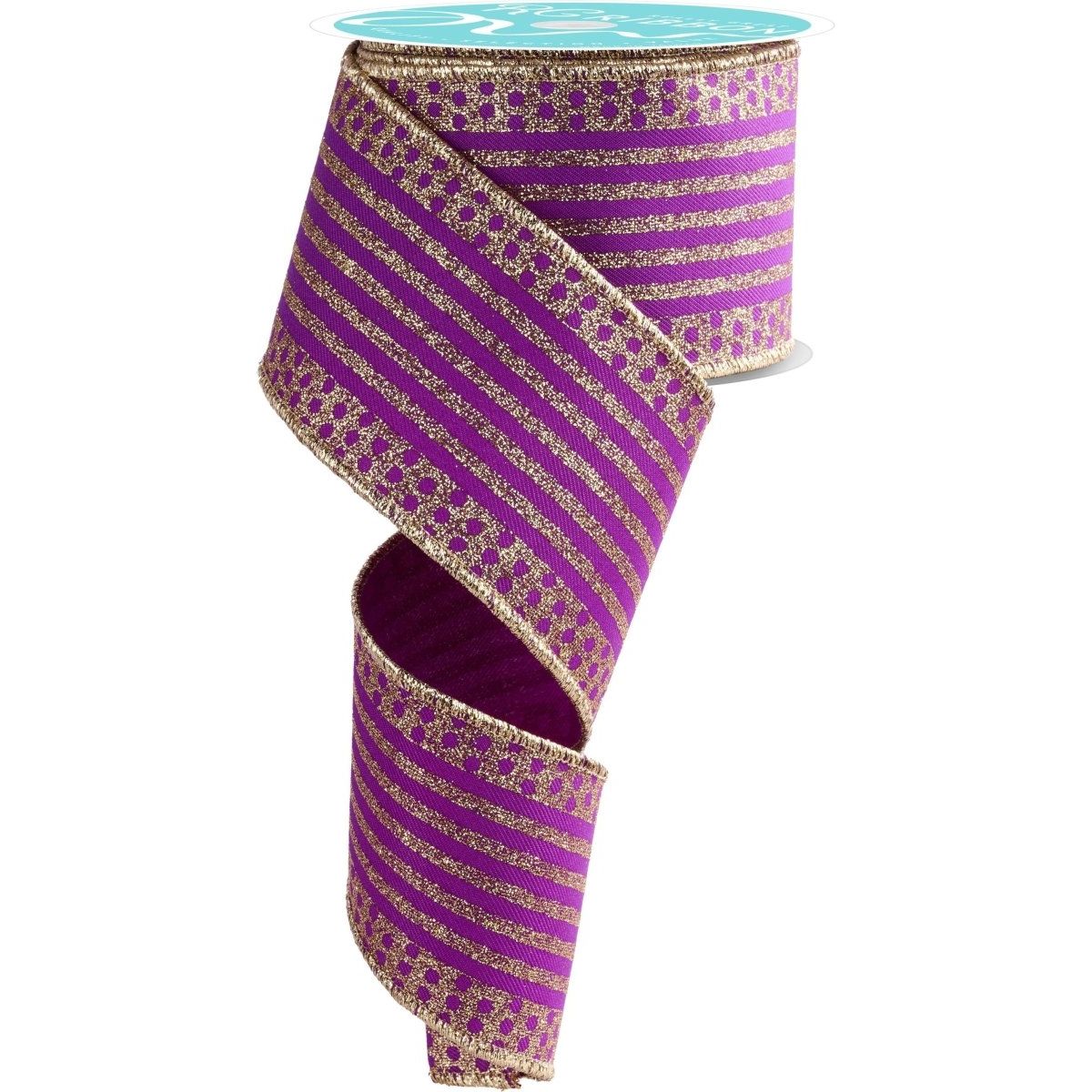 2.5&#x22; Vertical Stripe Polka Dot Edge Ribbon: Purple/Gold