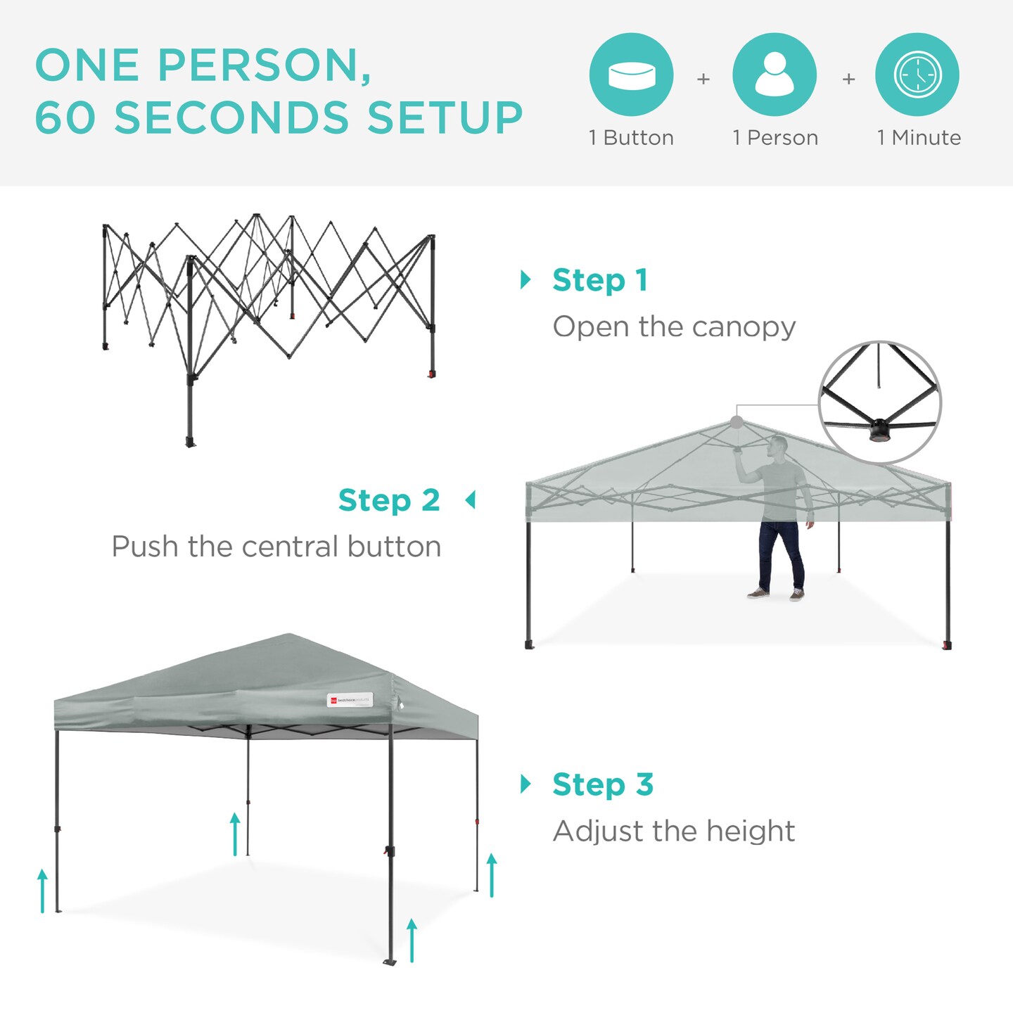 Best Choice Products 8x8ft Easy Setup Pop Up Canopy w/ 1-Button Setup, Wheeled Case, 4 Weight Bags
