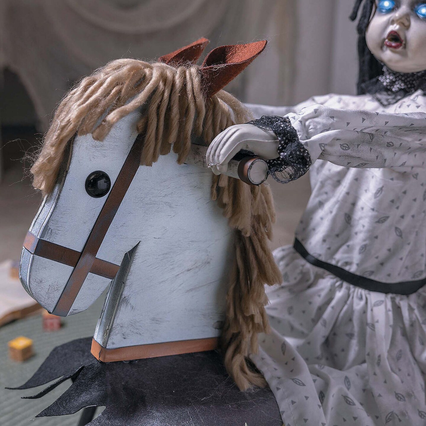 Life Size Girl on Wooden Rocking Horse Halloween Decoration