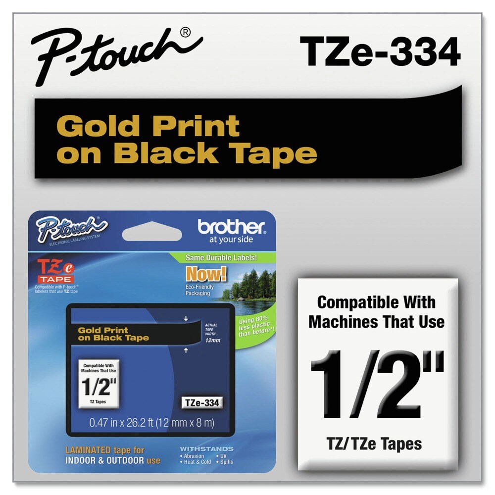 Brother P-Touch 0.47 in. x 26.2 ft. TZe Standard Adhesive Laminated Labeling Tape - Gold on Black