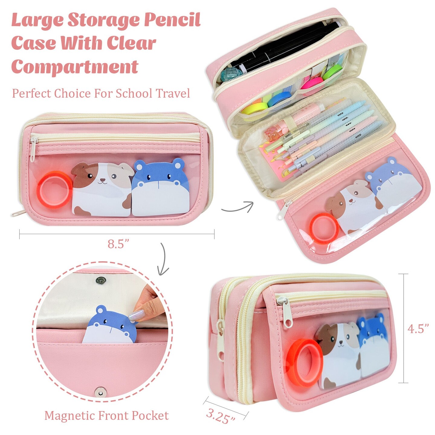 Wrapables 9-Layer Large Capacity Pencil Case with Transparent Compartment, Organizer Pouch for Stationery Tools, Makeup, and Travel, Pink