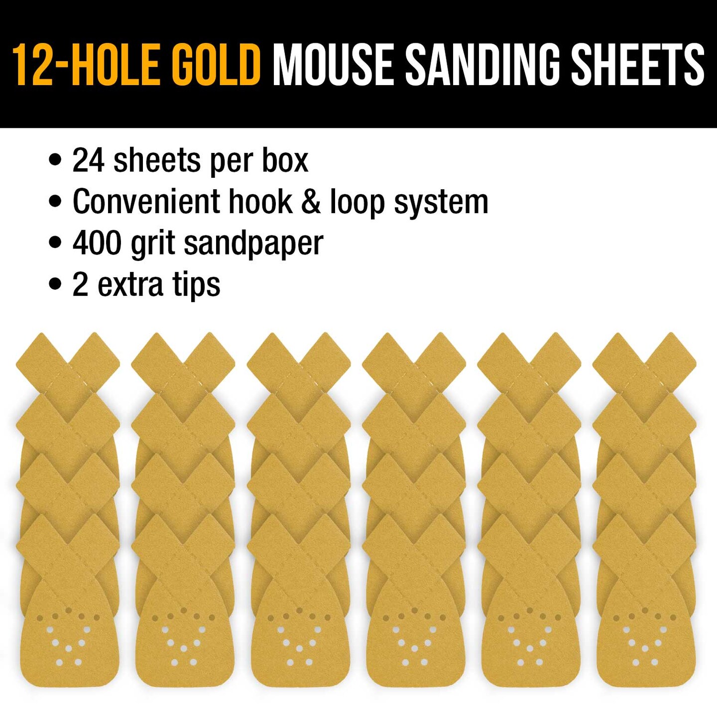 400 Grit - 12-Hole Pattern Hook &#x26; Loop Sanding Sheets for Mouse Sanders - Box of 24