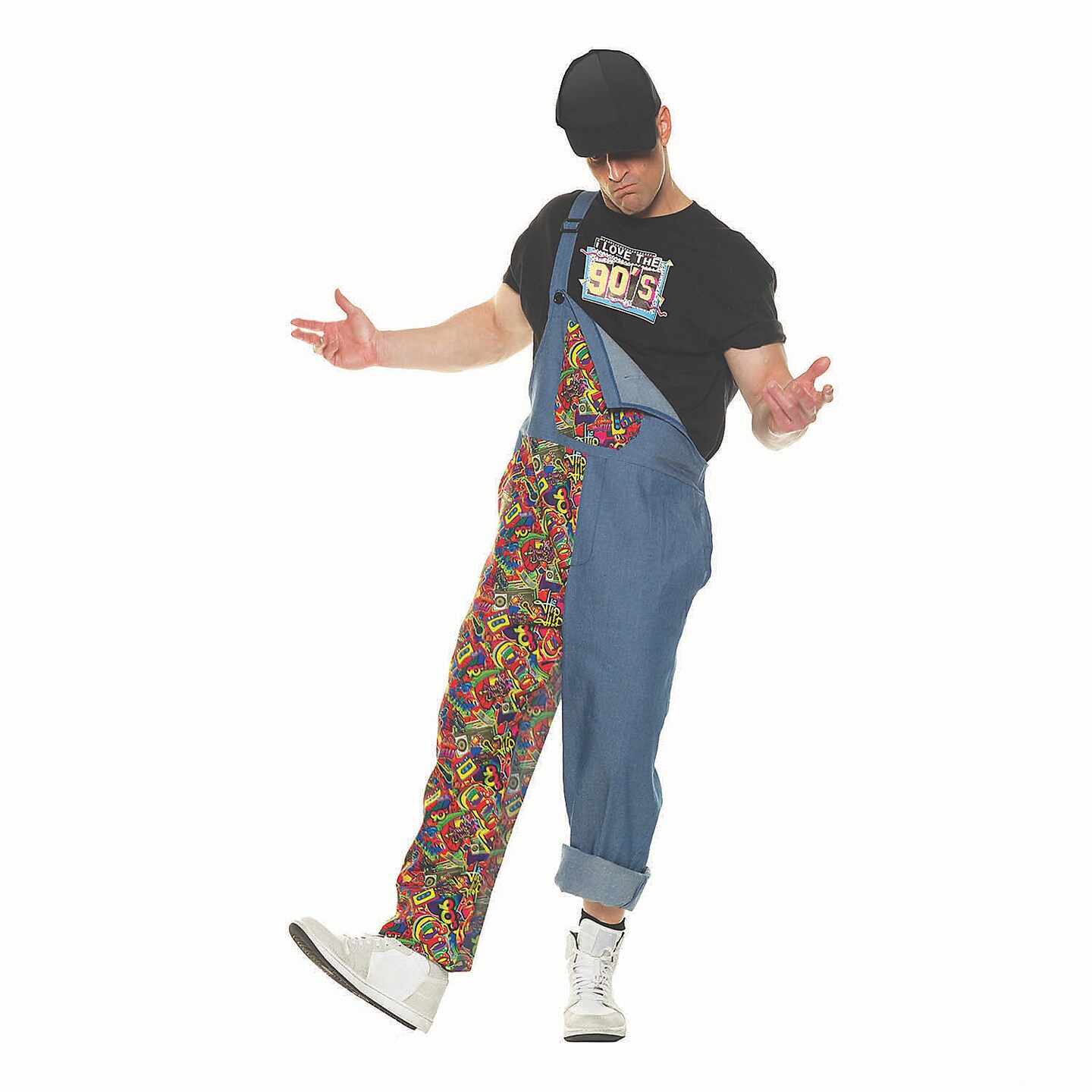 Trippin Adult Costume 90s Hip Hop Overalls with Bright Graphic Prints