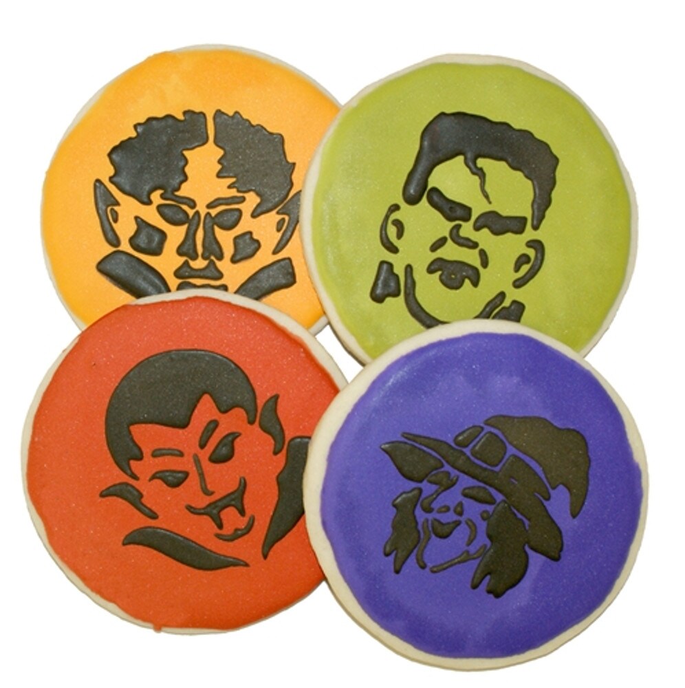 Mini Monster Faces Cookie &#x26; Cupcake Stencil Set: Frankenstein, Werewolf, Witch, Dracula | C793 by Designer Stencils | Cookie Decorating Tools |