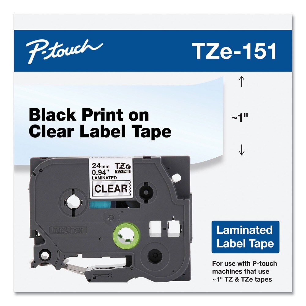 Brother P-Touch TZe 0.94 in. x 26.2 ft. Standard Adhesive Laminated Labeling Tape - Black on Clear