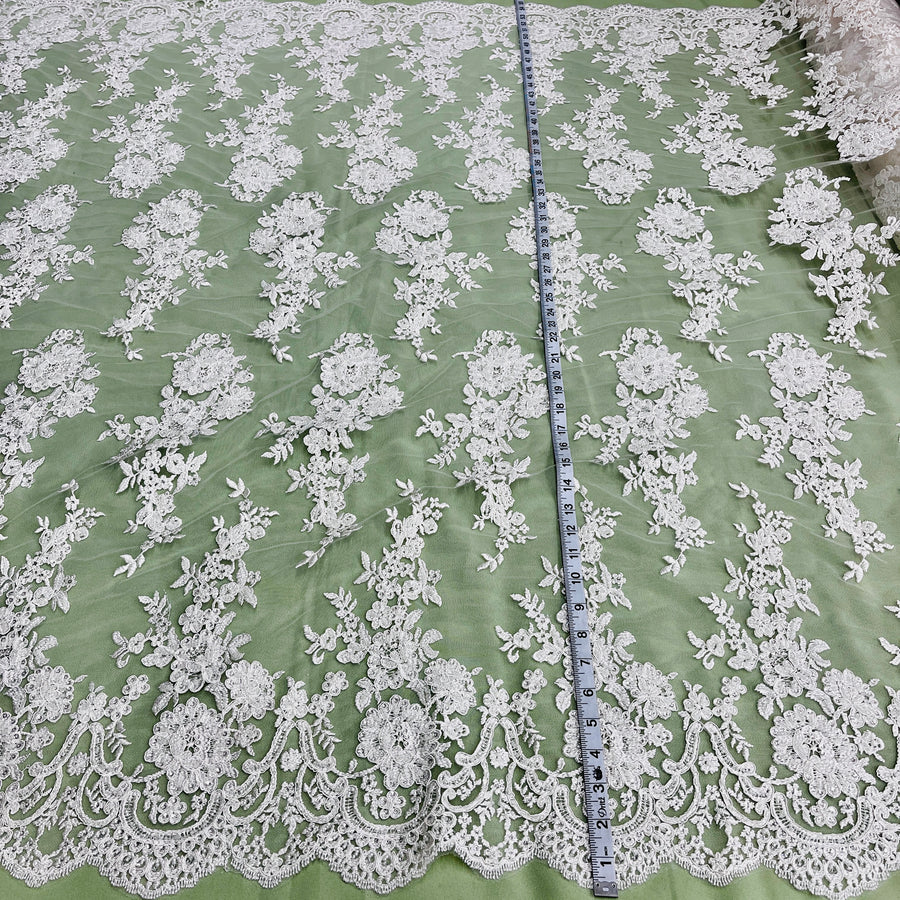 1 Yard Luxury Beaded Corded Bridal Lace Fabric Embroidered White