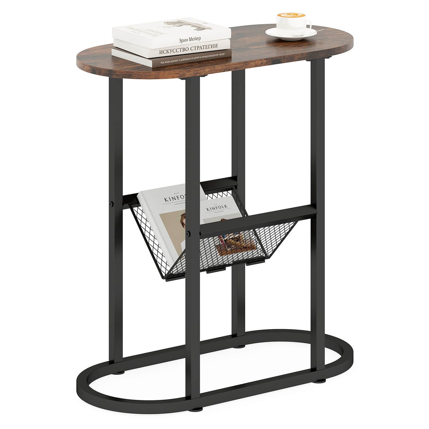 Costway End Table with Faux Marble Tabletop & Magazine Holder Heavy-duty Metal Frame Brown/White