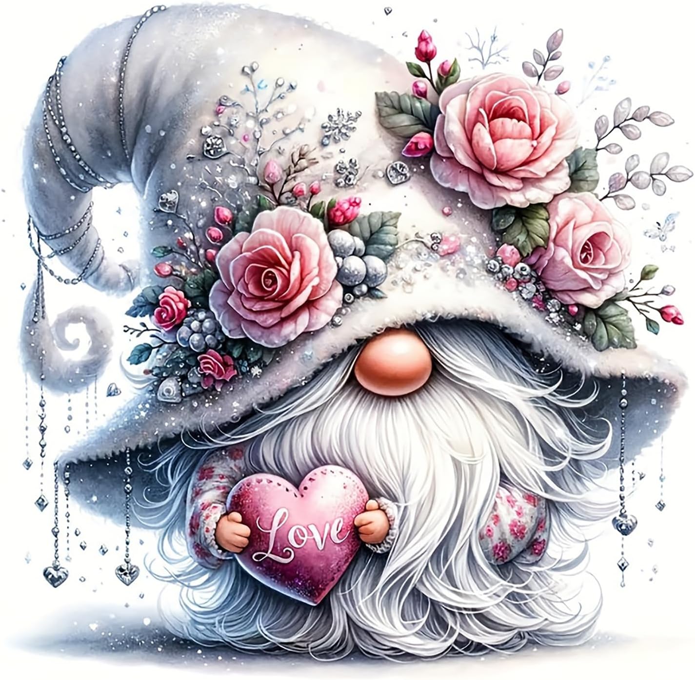 5D Diamond Painting Kits for Adults Beginners,Gnome Love Flower Diamond Art Kit,DIY Full Round Drill Diamond Dot Gem Art Kits for Adults,Home Wall Decor