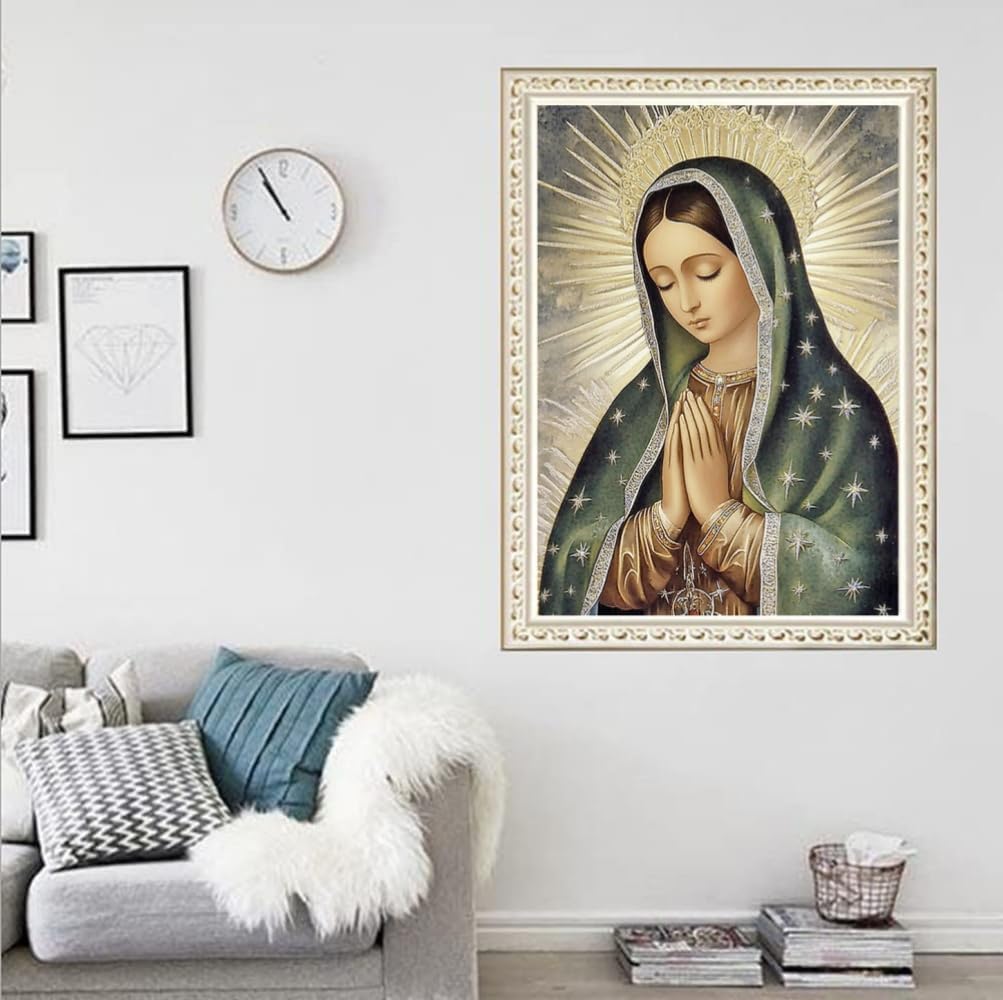 Round Full Drill Diamond Painting Kit, 5D Pray Virgin Mary Diamond Dots Arts Crafts Set Religious Belief Diamond Painting with Gem for Adult Beginner Virgin Mary Room Decor (12X16 inches)