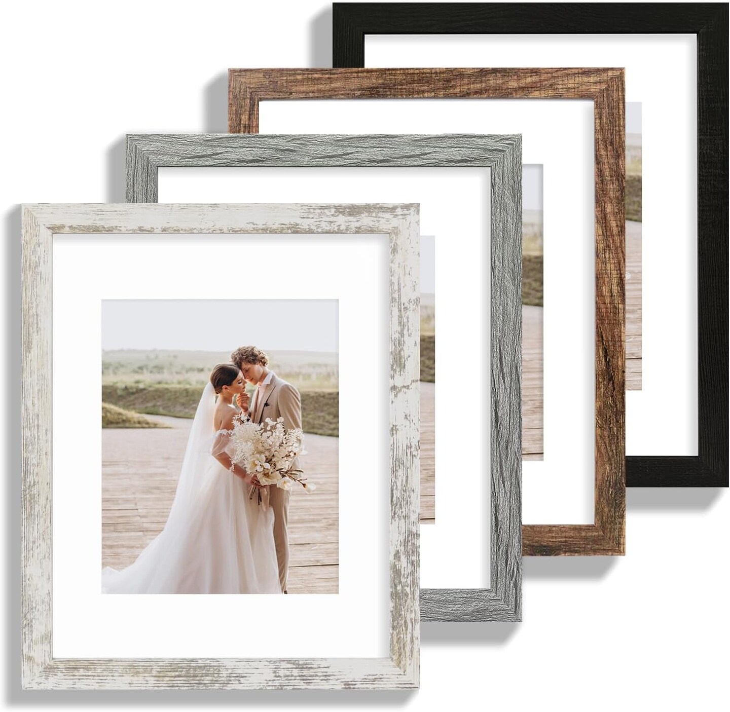 11x14 Picture Frame Set of 4, Made of Glass and Multicolour Wooden Frame, Display 8x10 Pictures with Mat or 11 x 14 Posters without Mat for Wall Mounting, Gallery Photo Frames