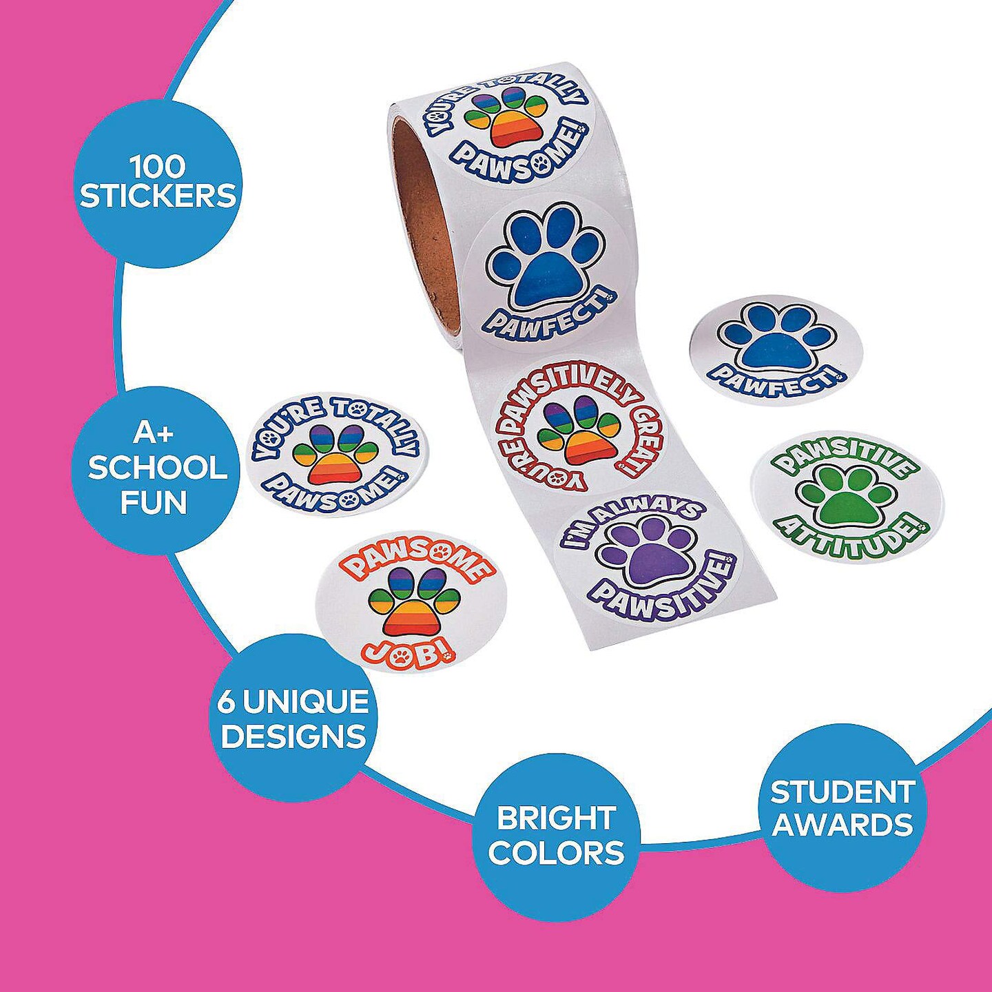 2 1/4&#x22; Multicolor Motivational Paw Print Sticker Roll 100 Pc
