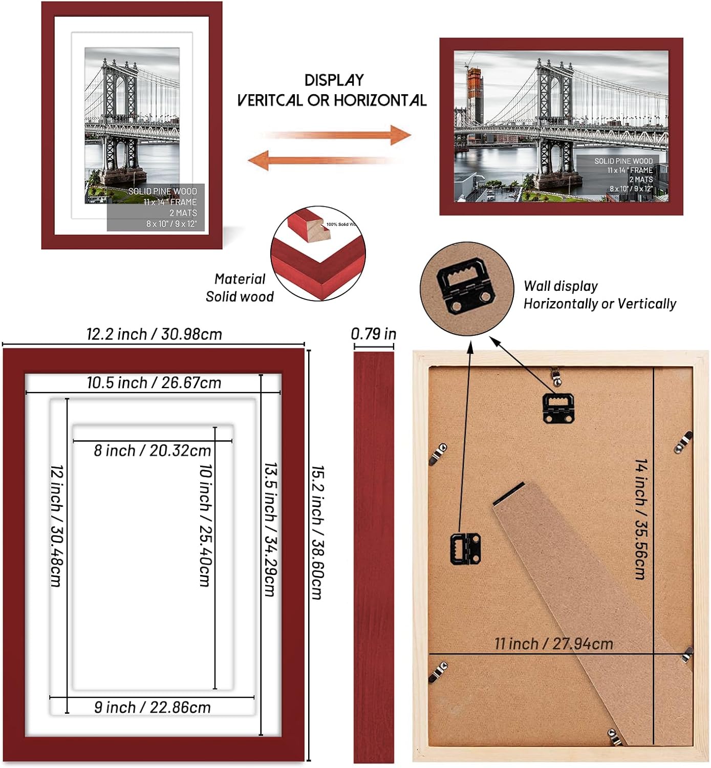 11x14 Picture Frames Solid Wood Display Pictures 9x12 or 8x10 with Mat or 11x14 Frame without Mat Poster Photo Frame Art with 2 Mats for Wall Mounting or Table Top(Red)