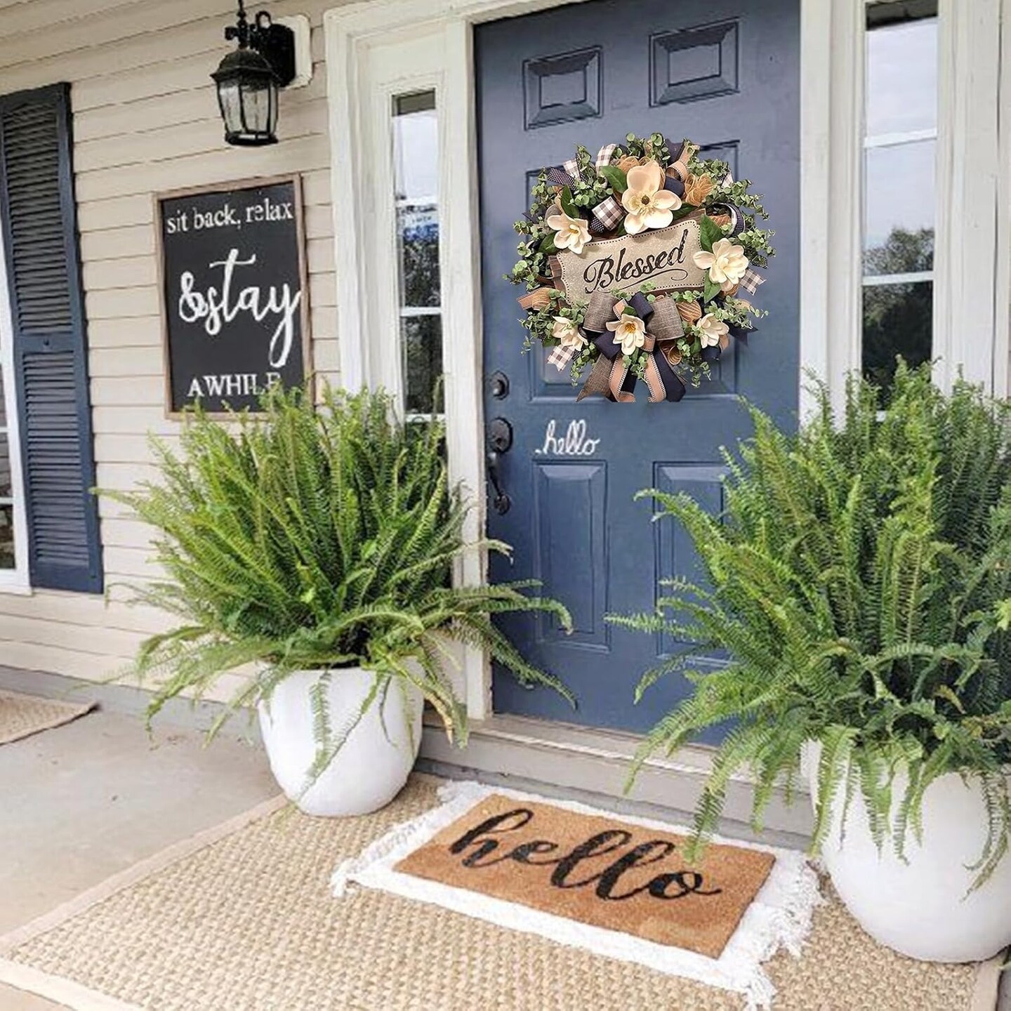 Spring & Summer Magnolia Wreath – Farmhouse Front Door Decor with Buffalo Plaid