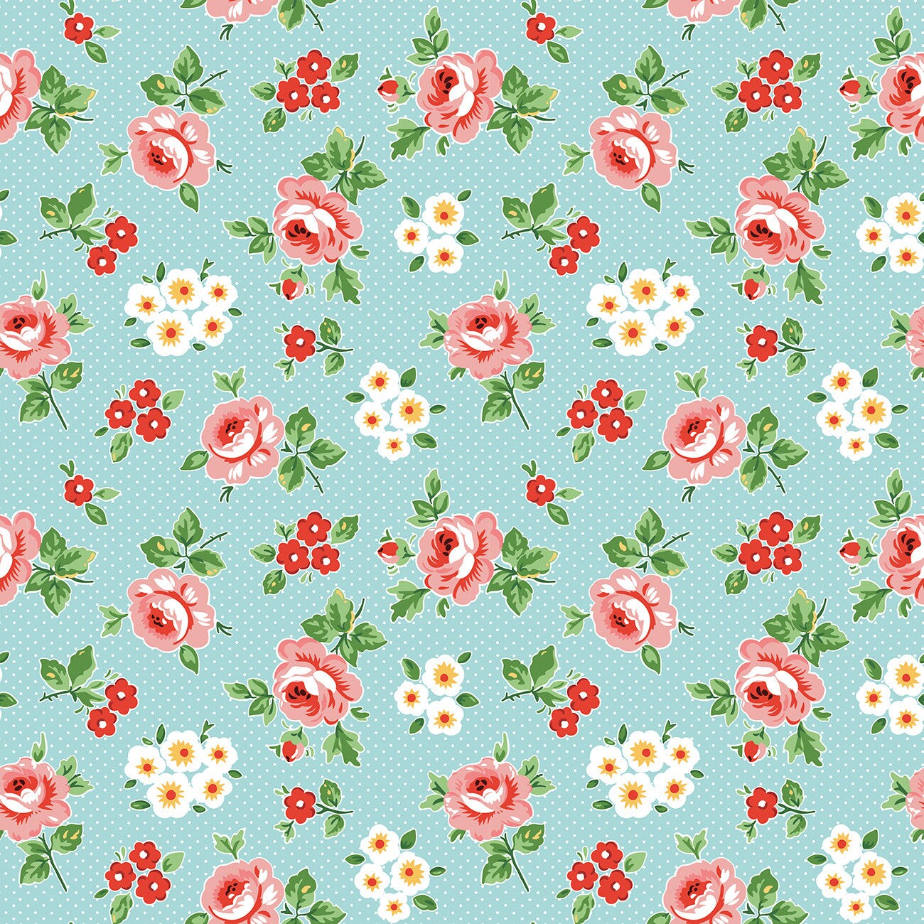 Fabric Poppie Cotton Blue Hand Picked Flower Market by the Quarter Yard FM25407