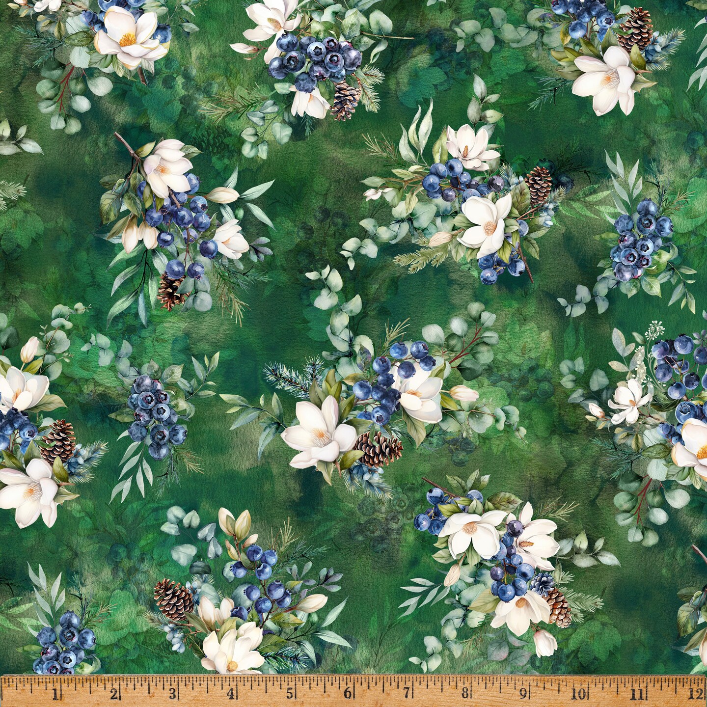 Fabric Hoffman Garden Berries and Pinecones Forest Fawn by the Quarter Yard X5582-727