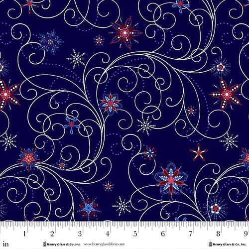 Fabric Henry Glass Navy Scrolling Stars Pearlescent Patriotic Pop by the Quarter Yard 3474-77