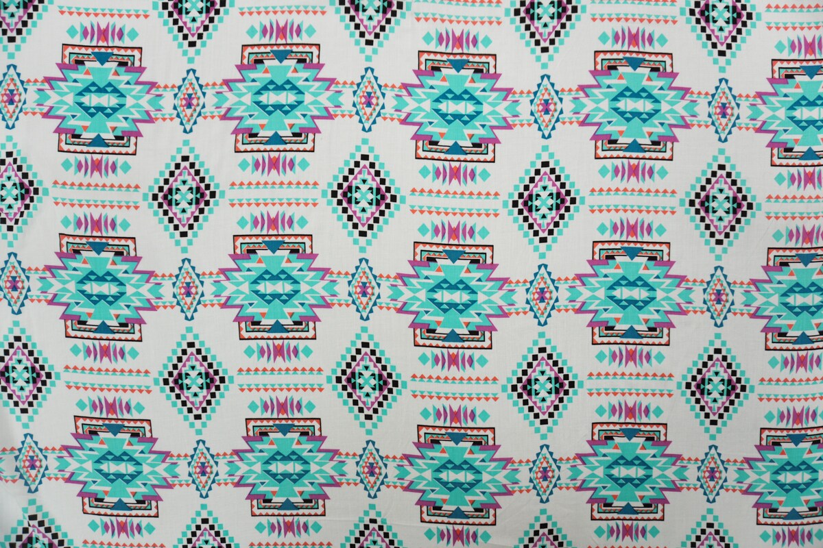 Teal-White-Multi Rayon Aztec Printed Voile Woven Fabric By the Yard