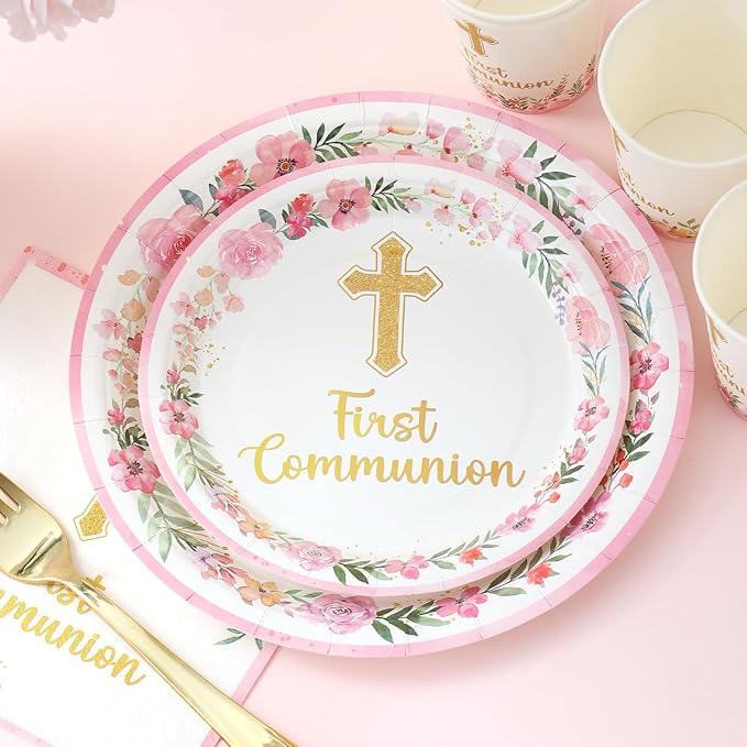 175 PCS First Communion Decorations for Girls - Pink First Communion Paper Plates and Napkins Party Supplies Serves 25 - God Bless Disposable Plate for Baby Shower Baptism Party Decorations