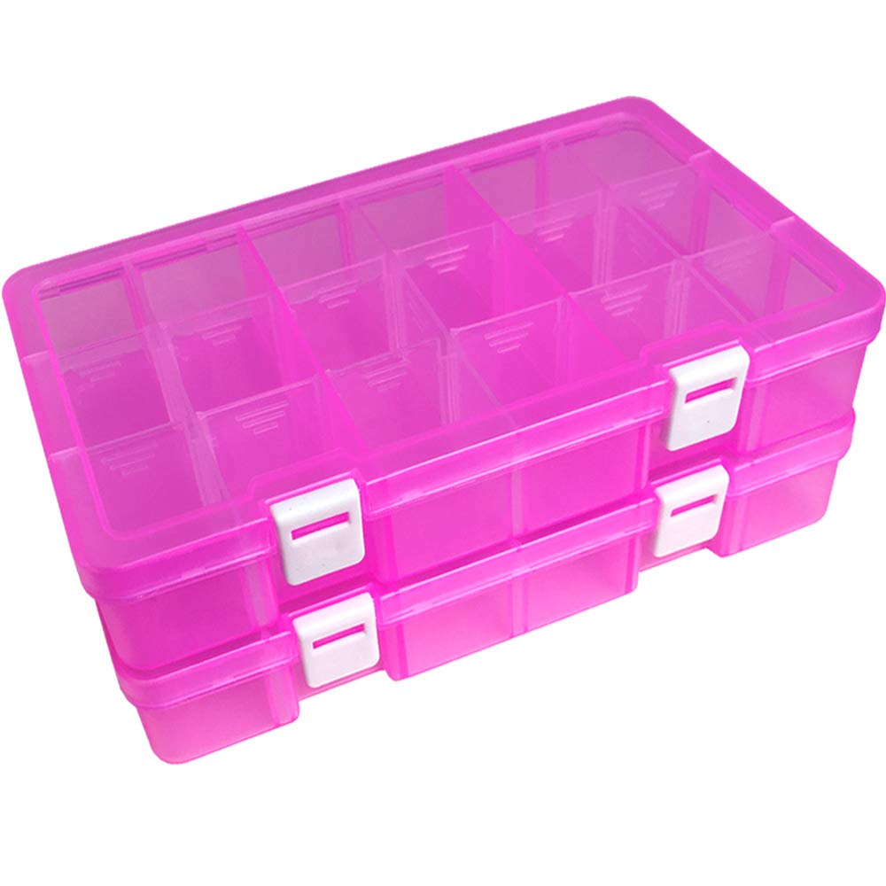 Plastic Organizer Container Storage Box Adjustable Divider Removable Grid Compartment for Jewelry Beads Earring Tool Fishing Hook Small Accessories(18 grids, Pink X 2)